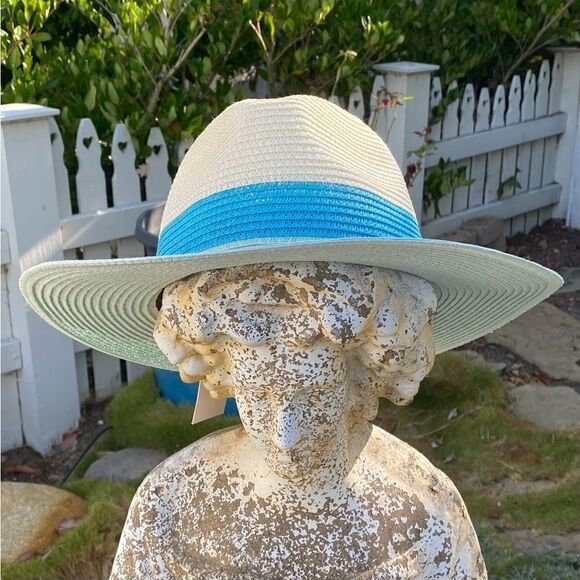 NWT Eugenia Kim Genie Billie Colorblock Packable Straw Fedora in Ivory/Teal/Mint main image 9
